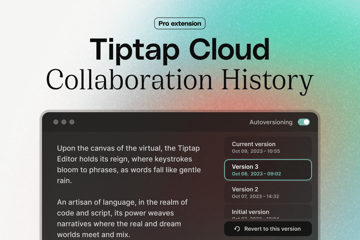 Screenshot of a user interface for the Collaboration History feature in the Tiptap editor.